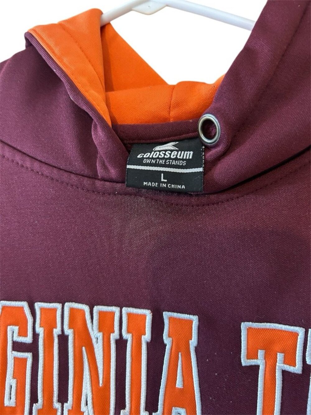 Virginia Tech Hokies Hoodie Sz Large Maroon Orange White VT Pullover Sweatshirt - Picture 2 of 5